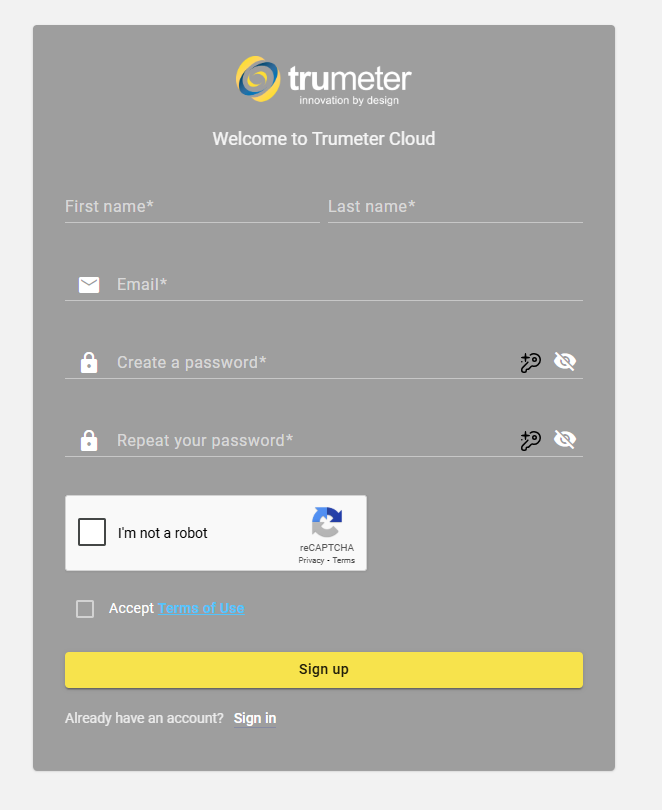 Sign up page screenshot
